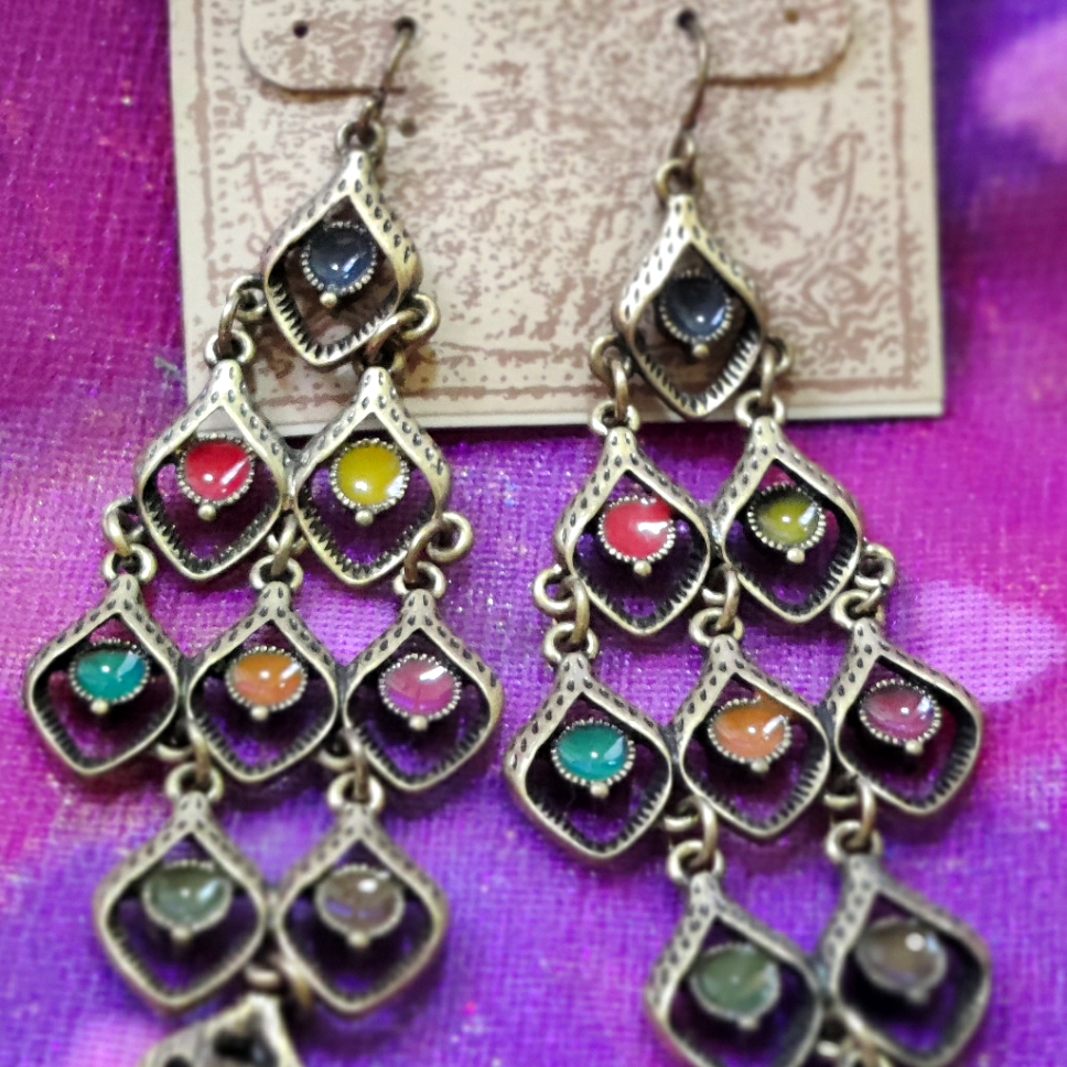 Brass Tone Colorful Enameled Earrings 8$